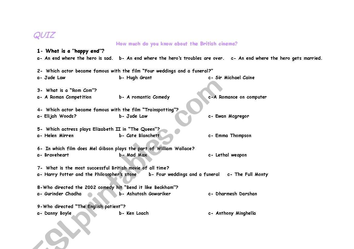 3 quizzes on British cinema worksheet