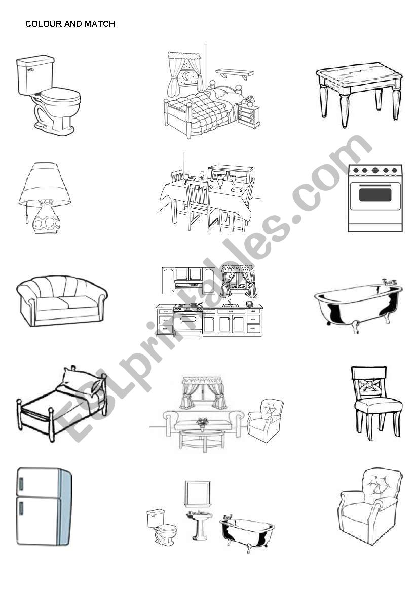 Color the furniture and match the furniture with the rooms in the house