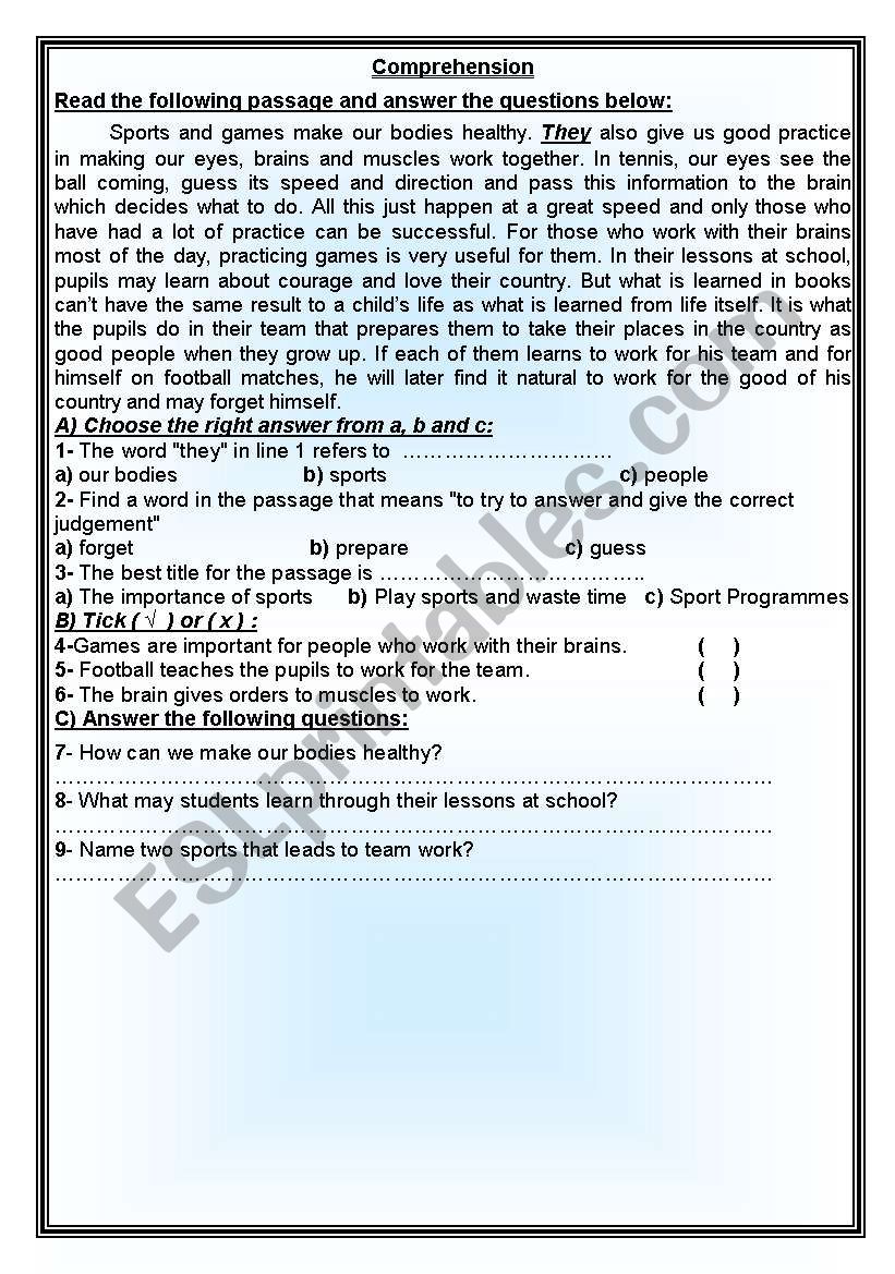 reading comprehension  part 1 worksheet