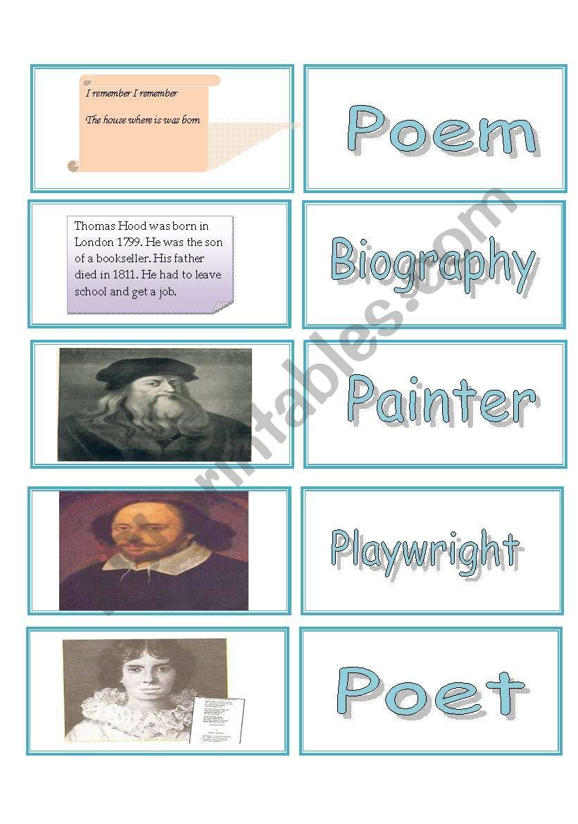 Art and Literature Cards (matching ) 2 pages 