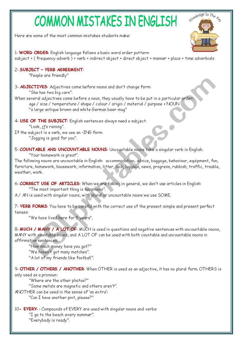 COMMON MISTAKES IN ENGLISH worksheet