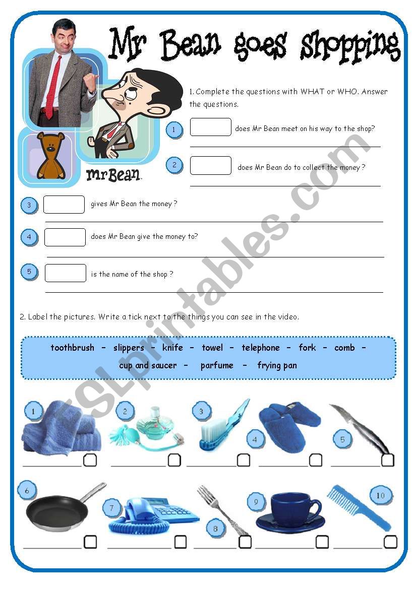 Mr Bean goes shopping worksheet