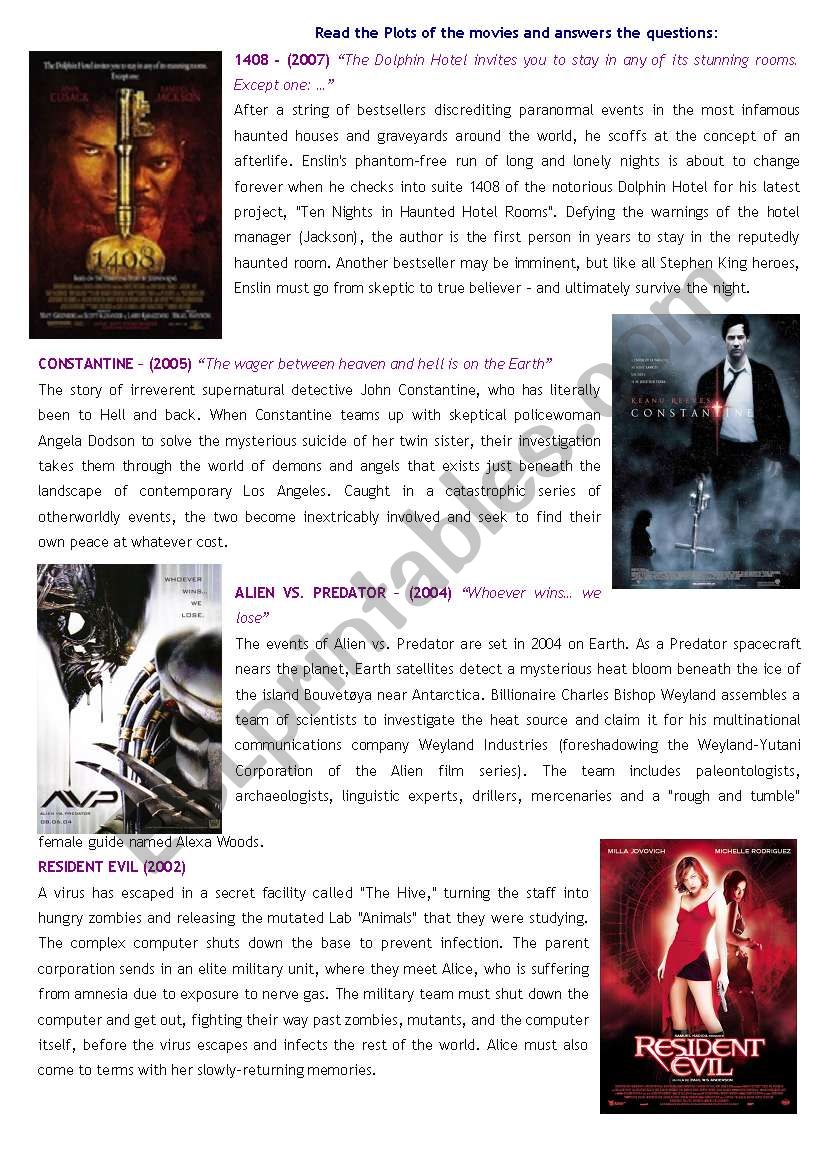 Horror Moviess Plots worksheet