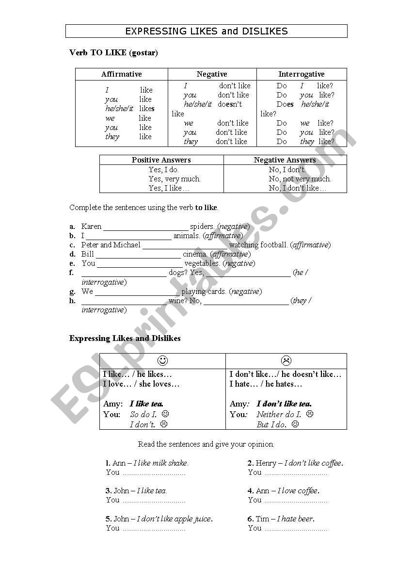 Expressing Likes and Dislikes worksheet