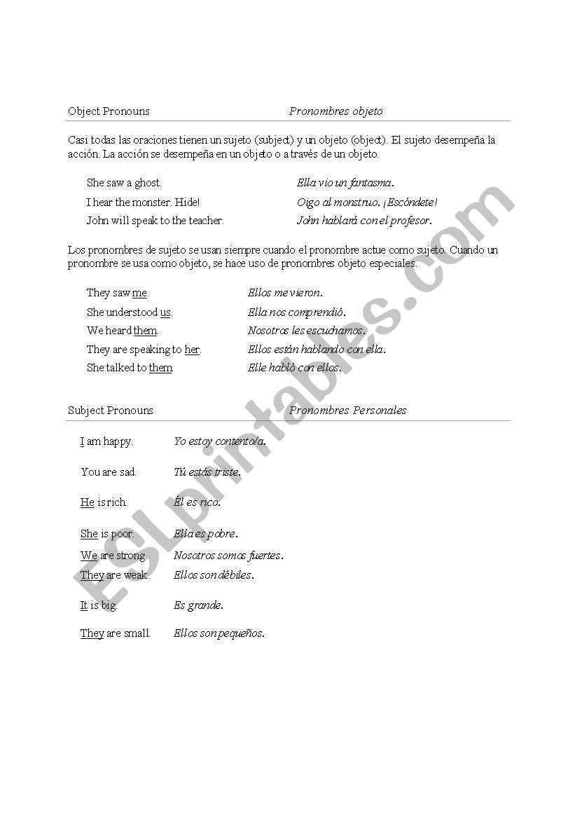 subject and object pronouns worksheet
