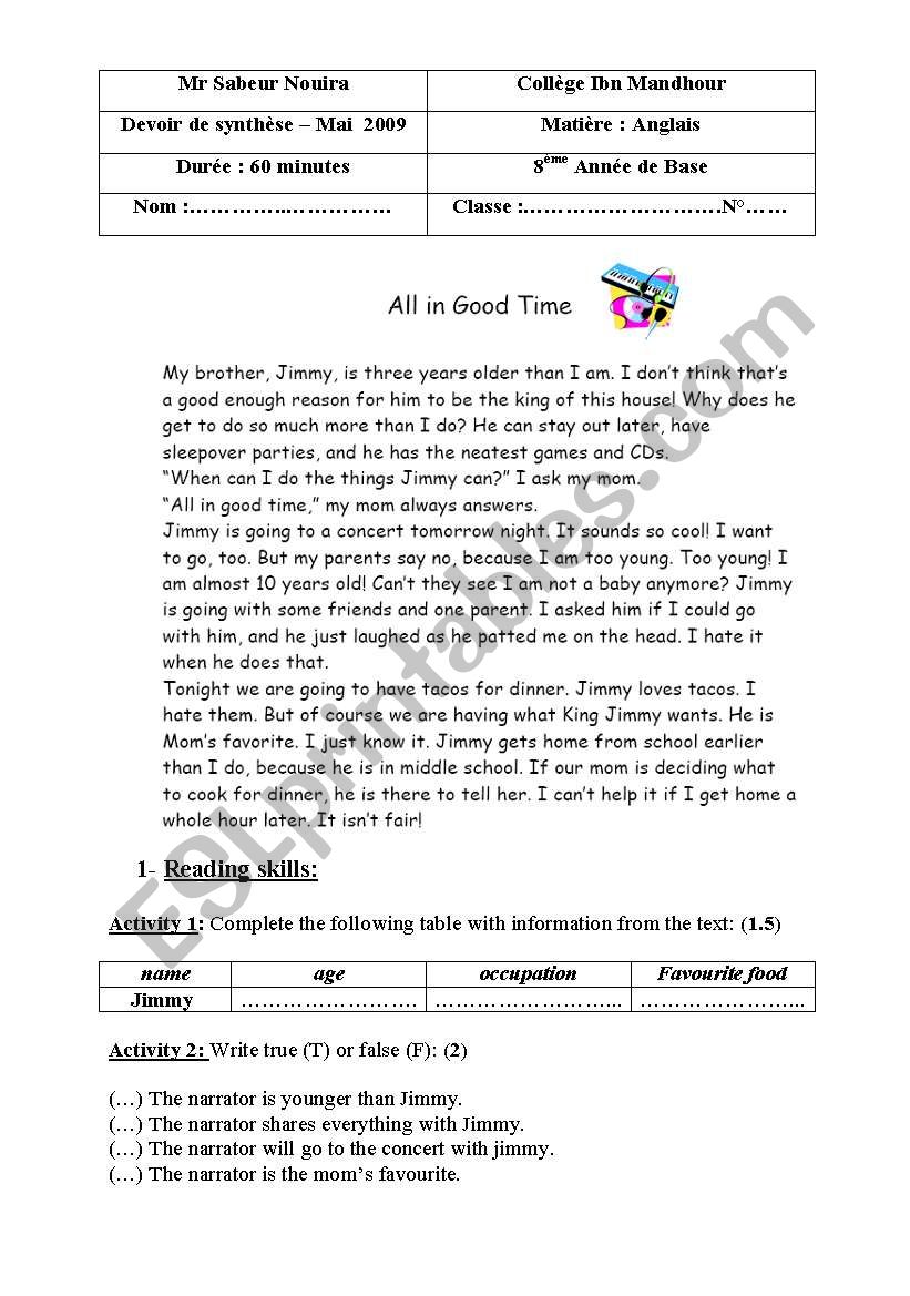 End of term test N3 worksheet