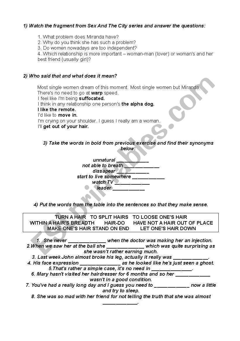 Sex And The City worksheet and vocab concerning 