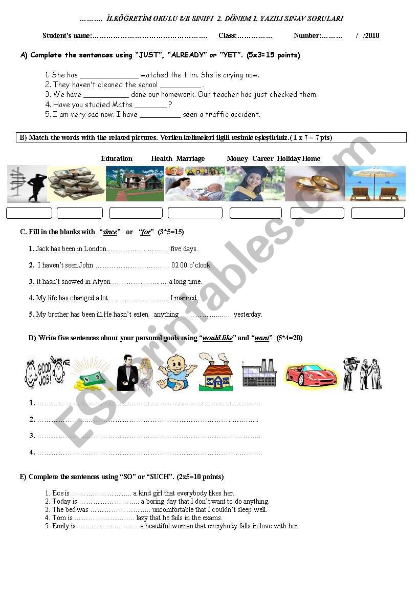 exam for 8th grades worksheet