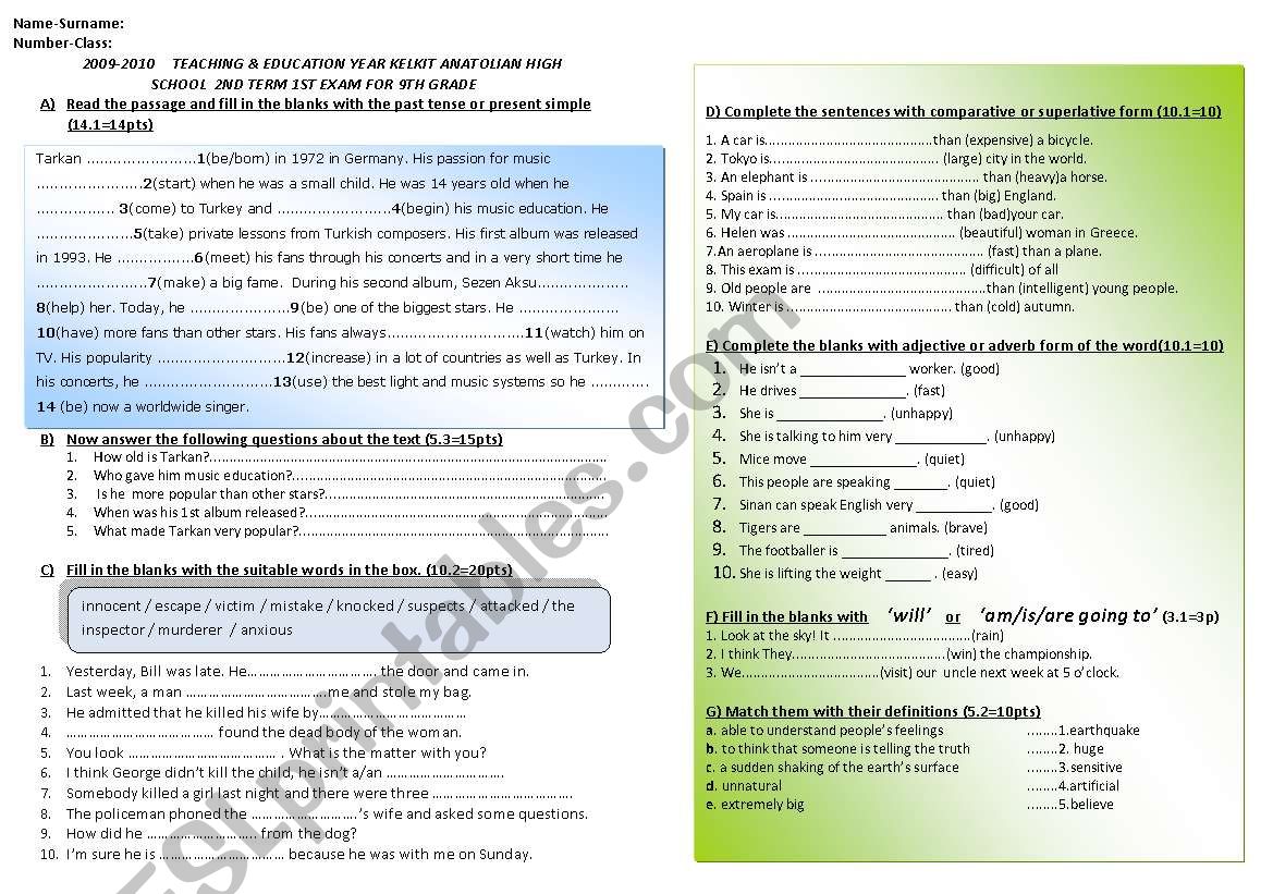 exam or worksheet worksheet