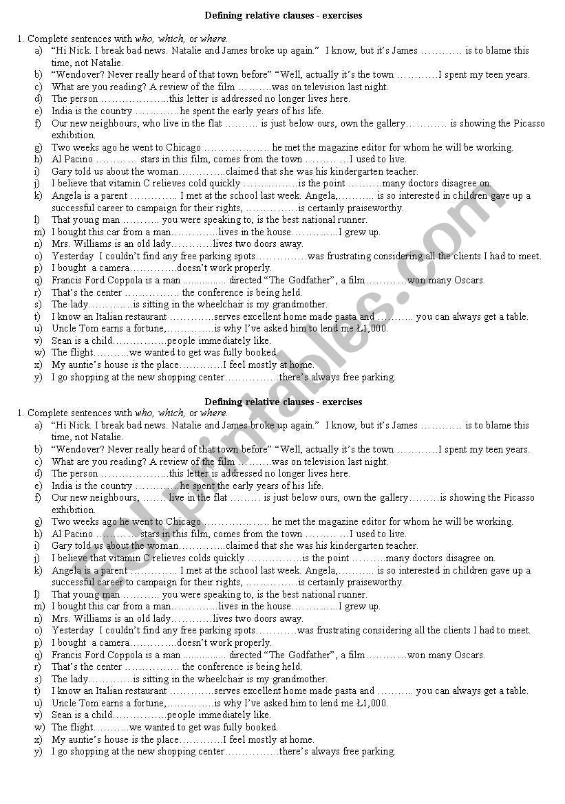 Defining relative clauses worksheet