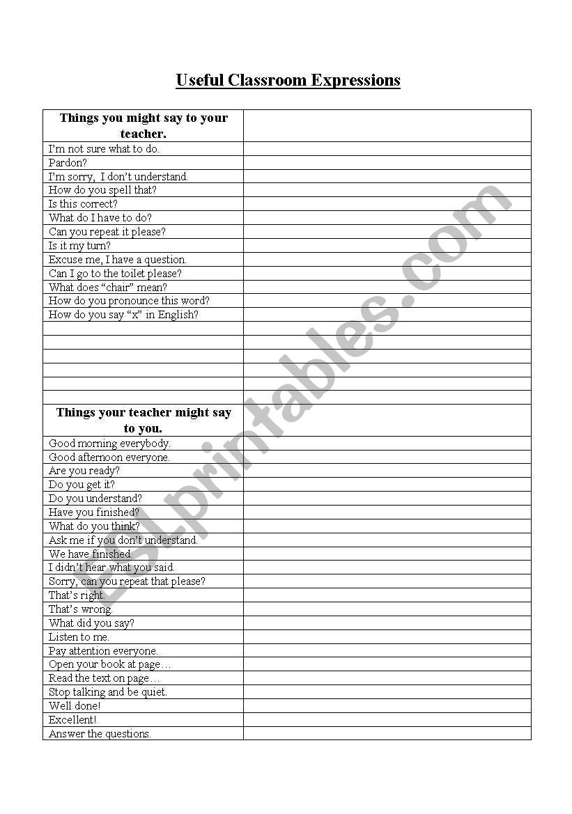 Useful Classroom Expressions worksheet