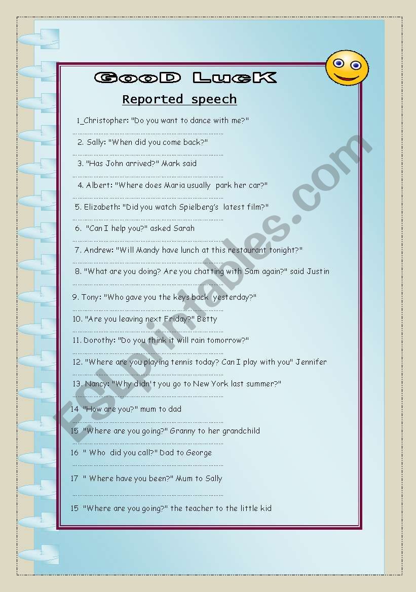 Reported speech- questions worksheet
