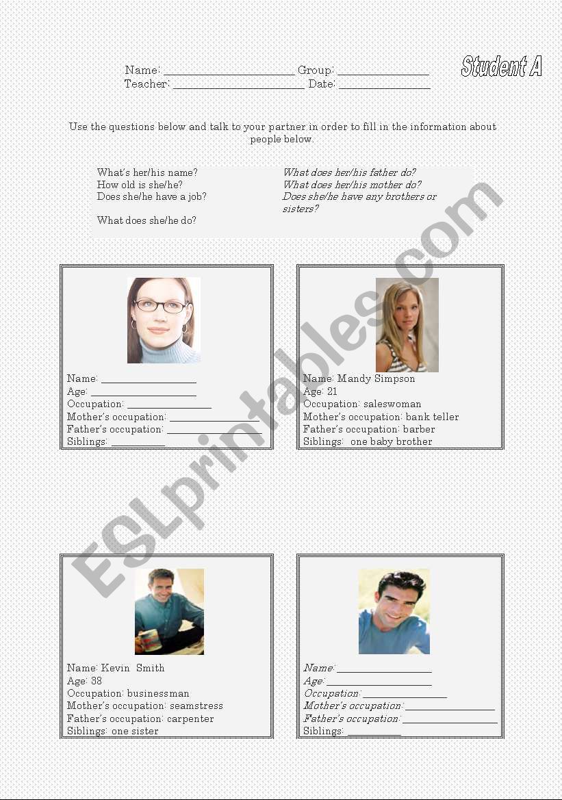 Speaking Practice - student A worksheet