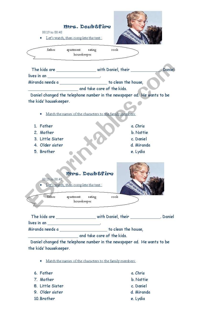 Mrs. Doubtfire 2 worksheet