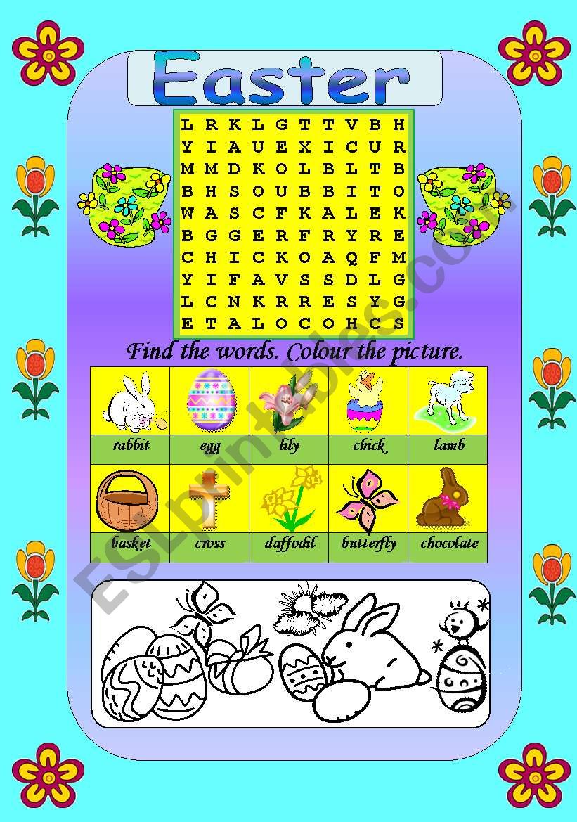 Easter wordsearch and colouring (B/W version included)