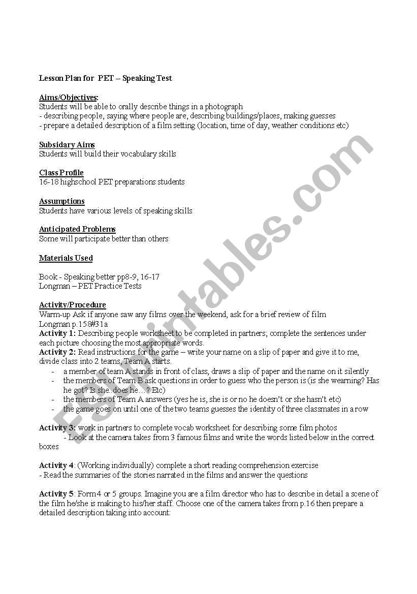 Lesson Plan for PET speaking test