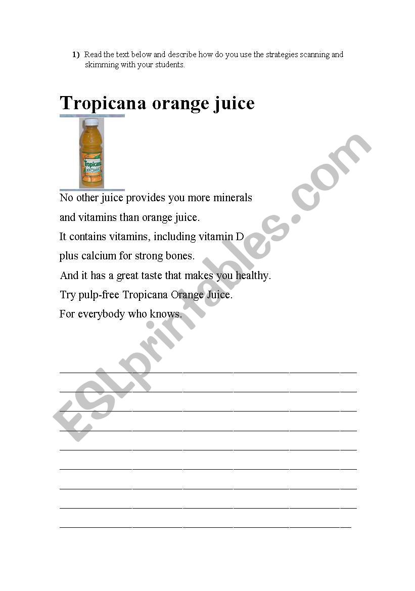 Tropicana Juice worksheet