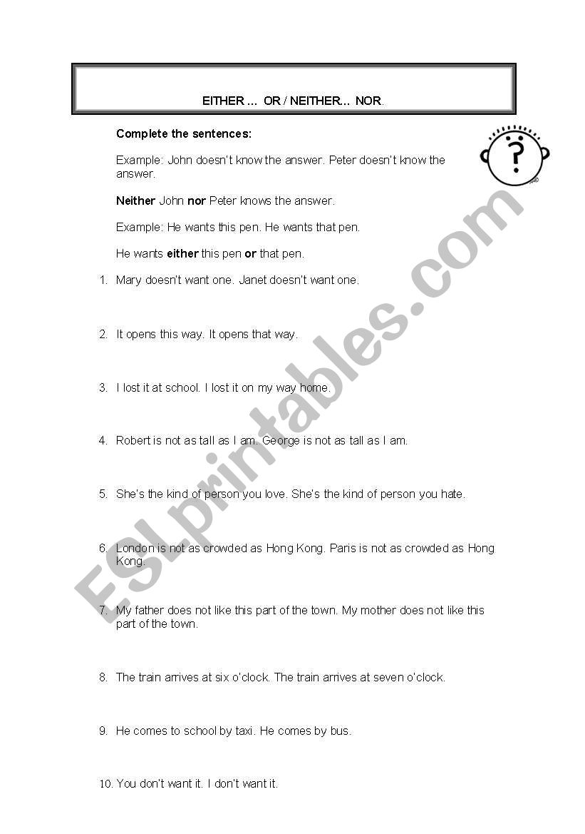 Either / or - Neither / nor worksheet