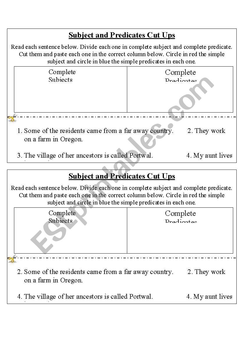 Subjects and Predicates Scissors and Glue Exercise for homework