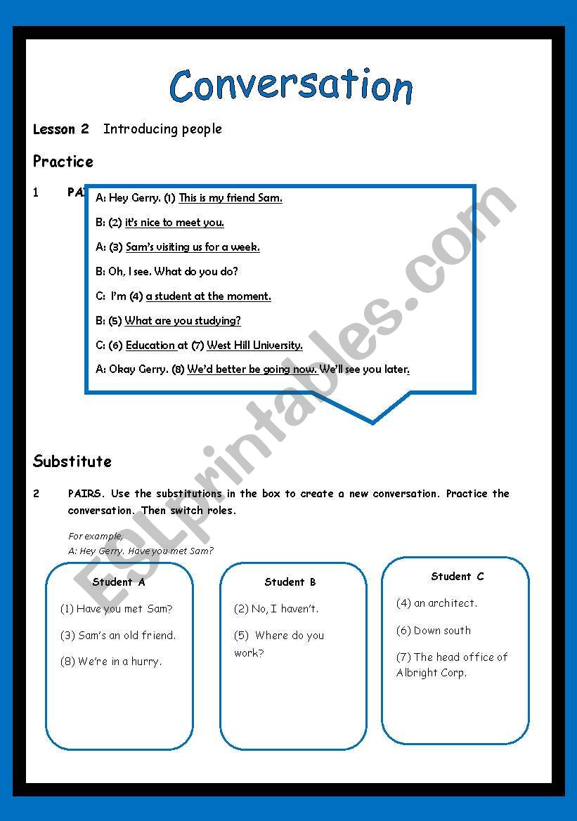 Conversation: Lesson 2 - Introducing People (3 PAGES)