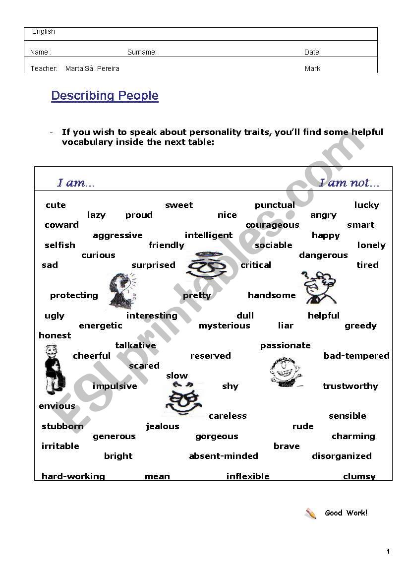 Personality traits worksheet