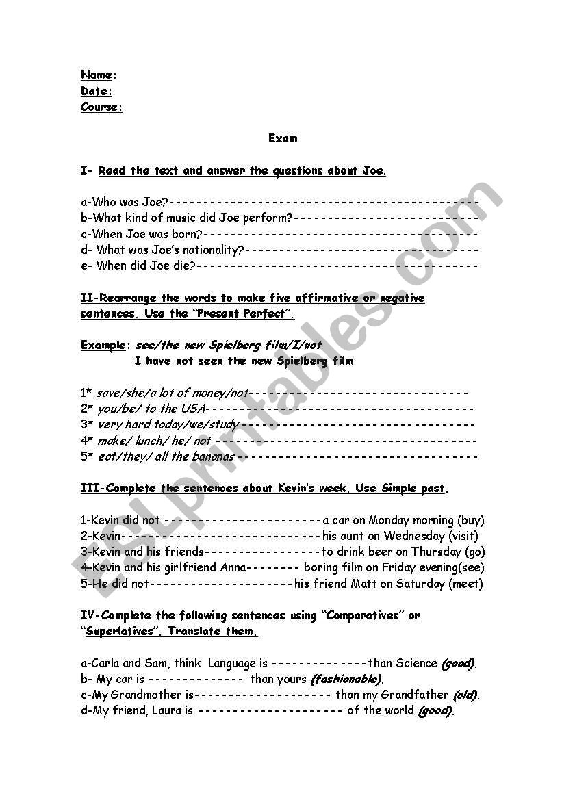 Global Exam worksheet