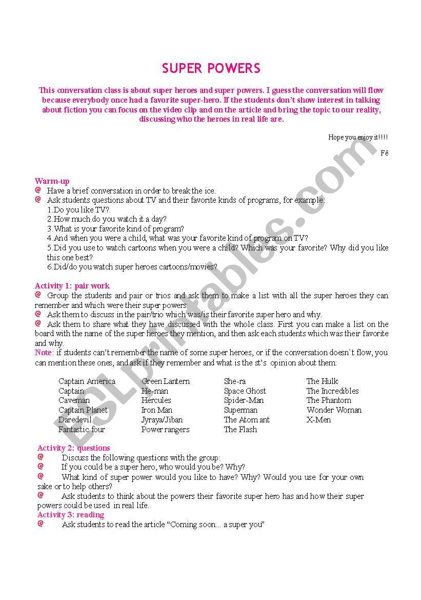 Super powers worksheet