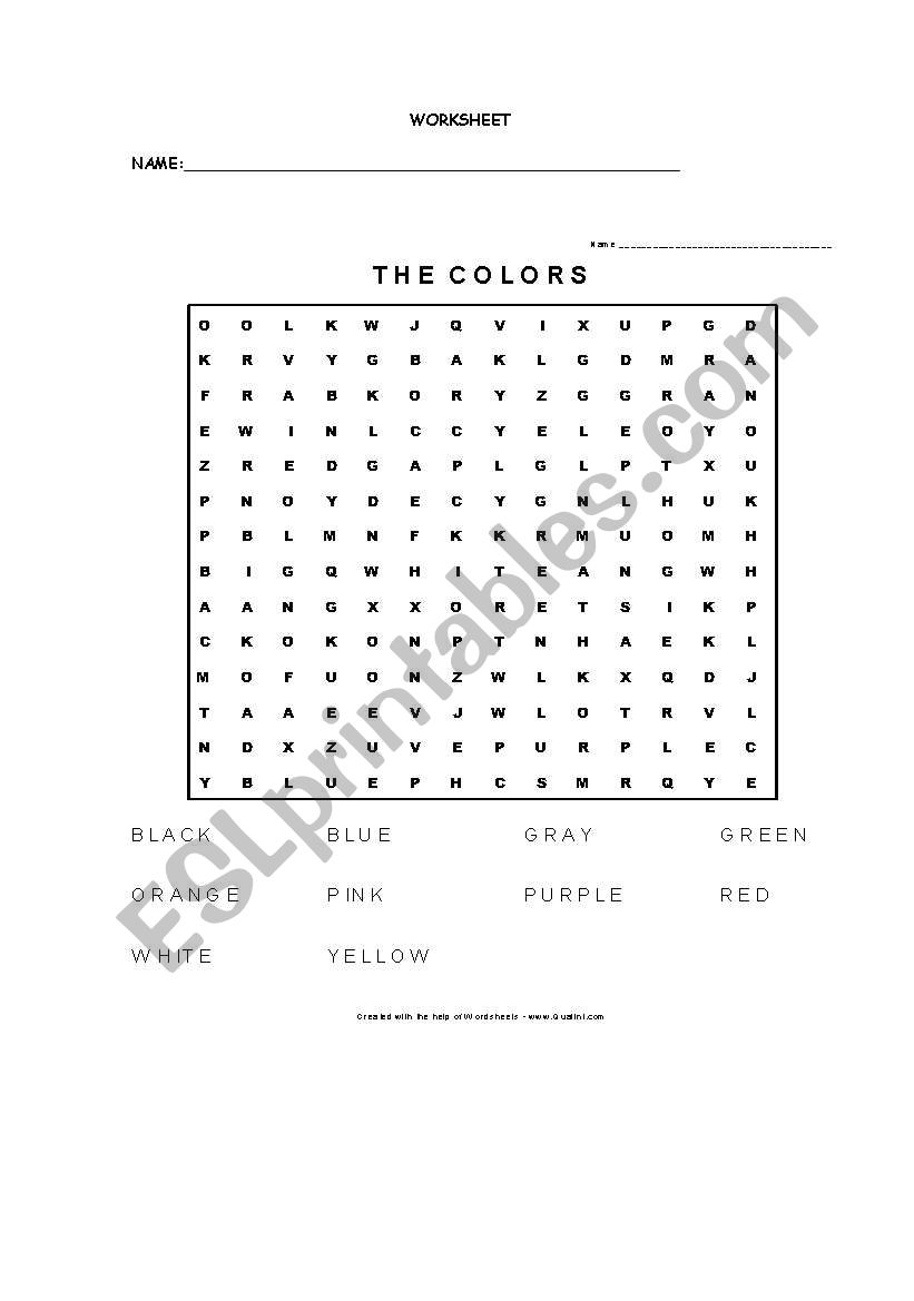 Colors wordsearch worksheet