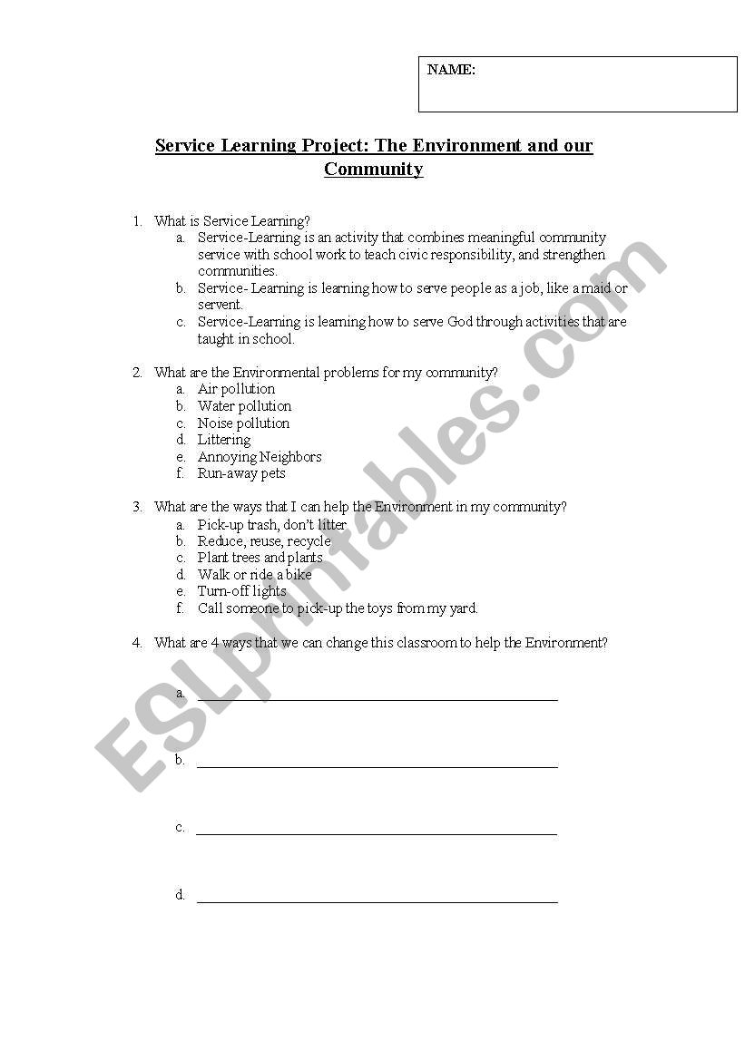 Service Learning Pretest worksheet