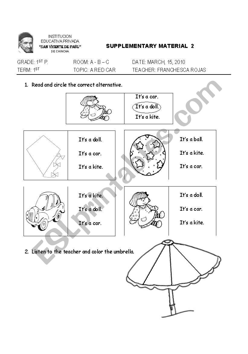 CIRCLE CAR/DOLL/BALL/KITE then colour the umbrella RED/YELLOW/BLUE/RED