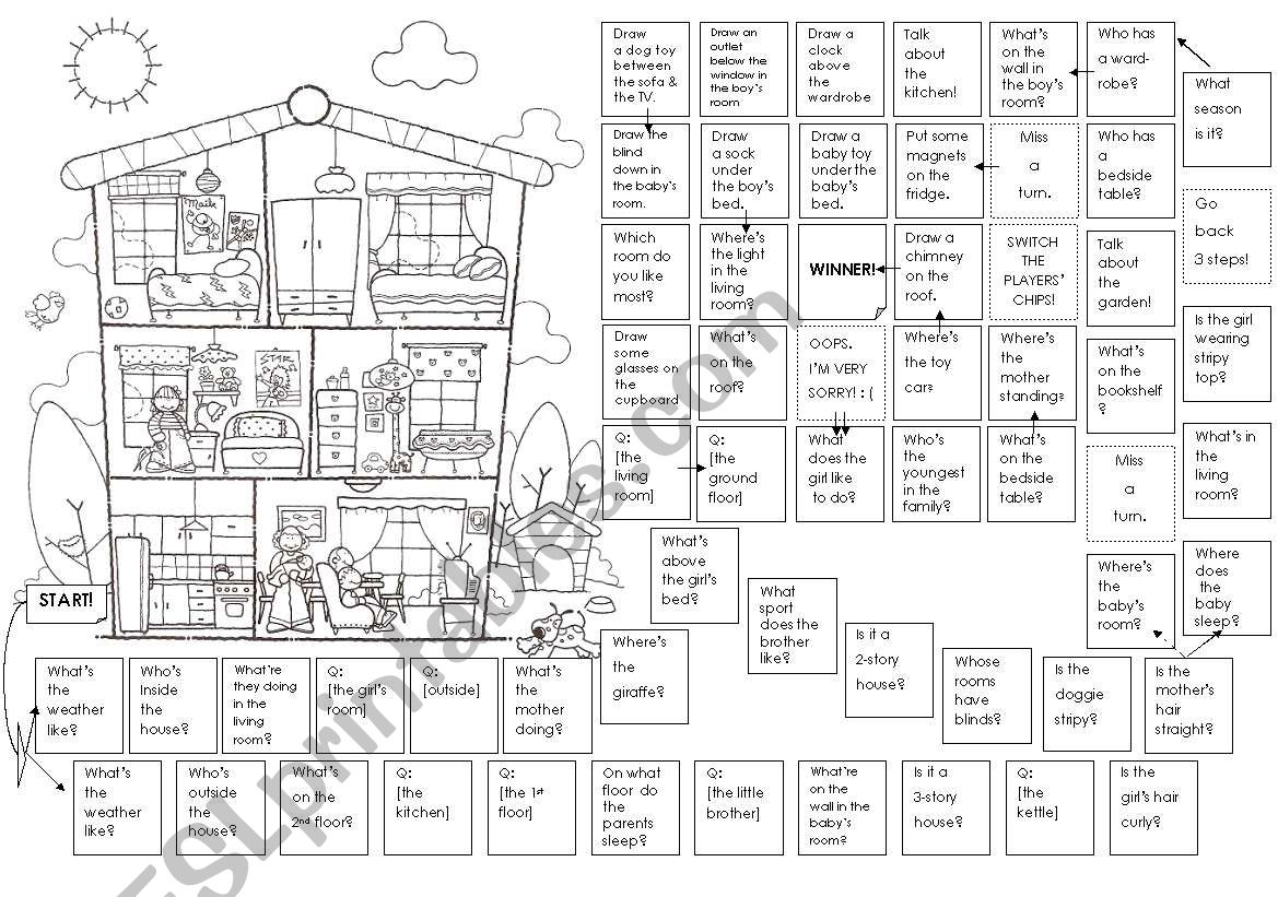 Board Game with a picture of a 3-story house - mainly Prepositions