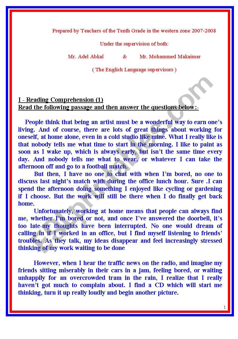 A collection of tests on different themes, reading, vocab, grammar amd writing. The tests were set by a number of teachers in the Western Educational Zone, supervised by Mr. Adel Abkal and Mr. M Mukhaimar.