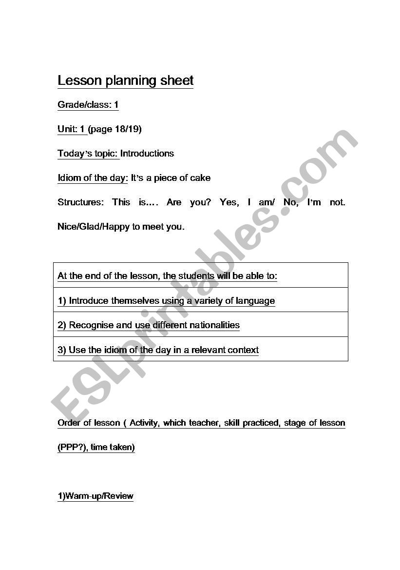 Lesson planning template sheet