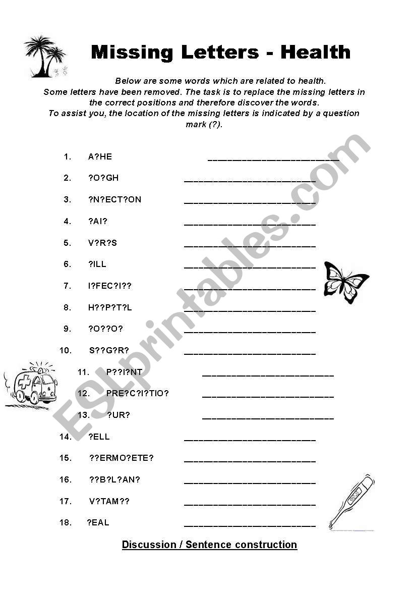 Missing Letters - Health worksheet