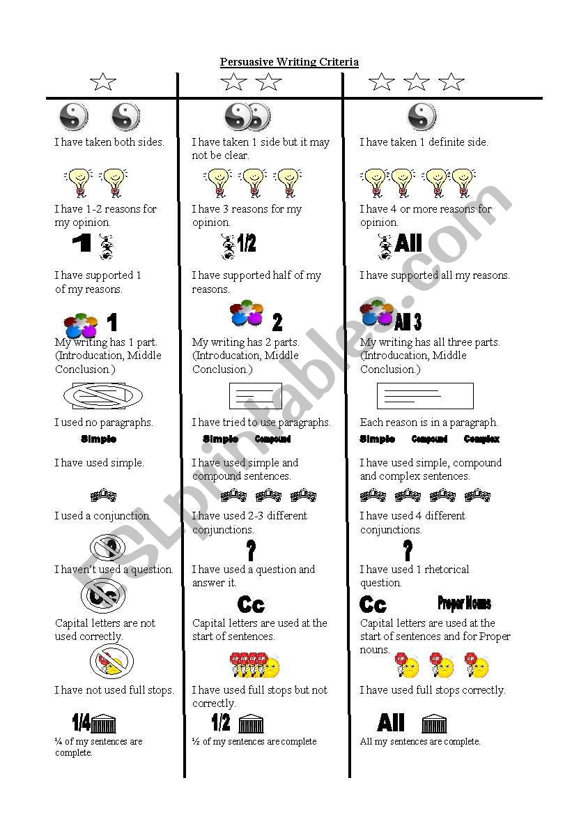 Writing Criteria worksheet