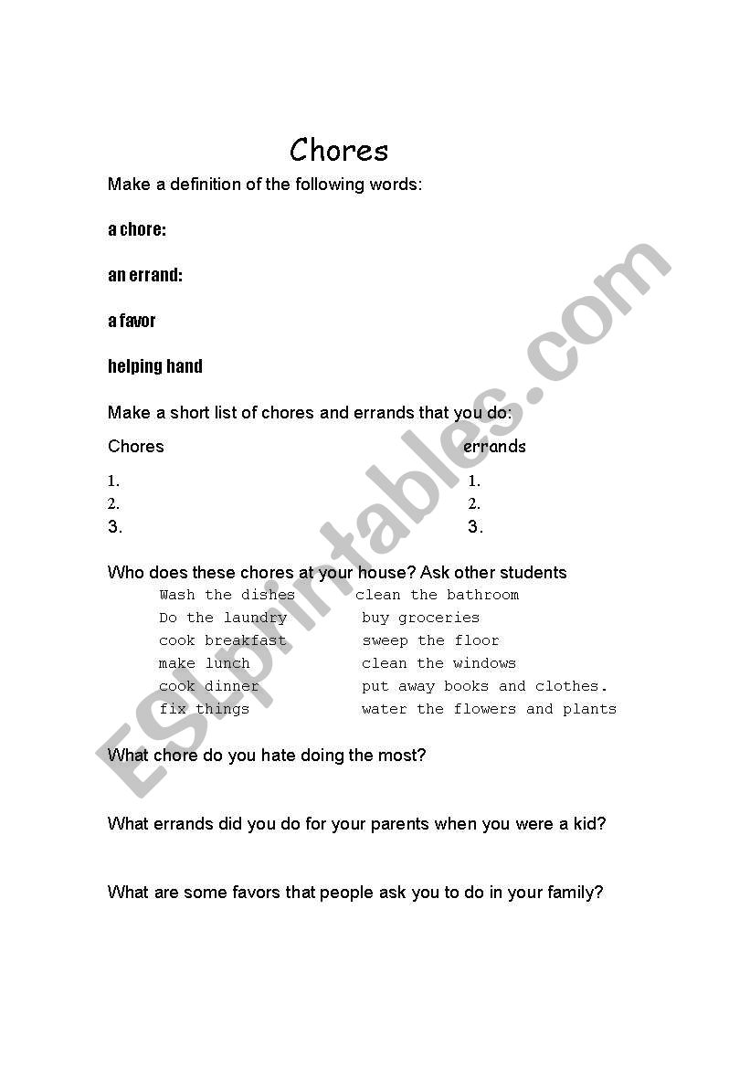 qUESTIONS ON CHORES worksheet