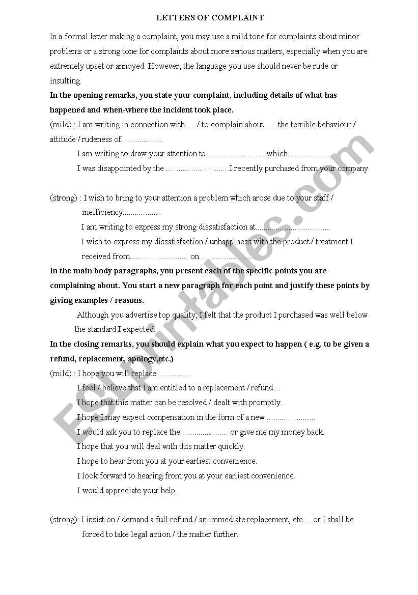 LETTER OF COMPLAINT  worksheet