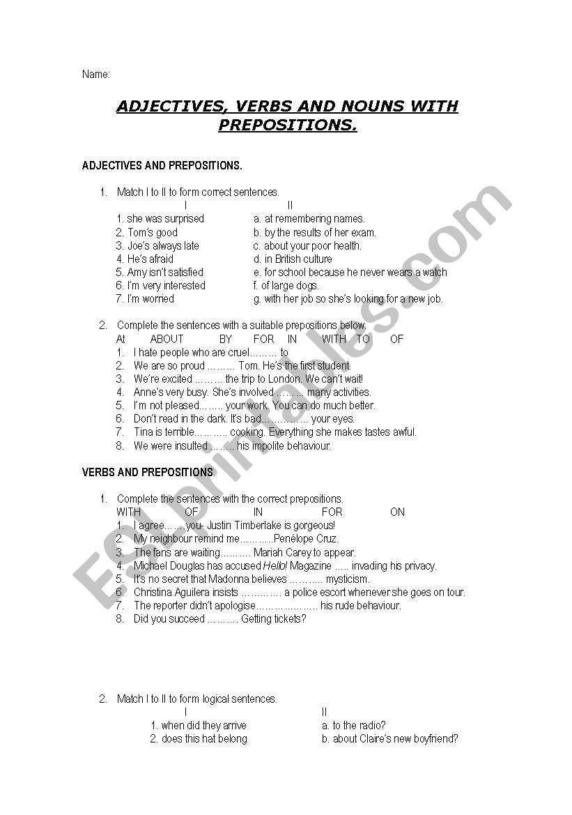 ADJECTIVES, NOUNS AND VERBS + PREPOSITIONS