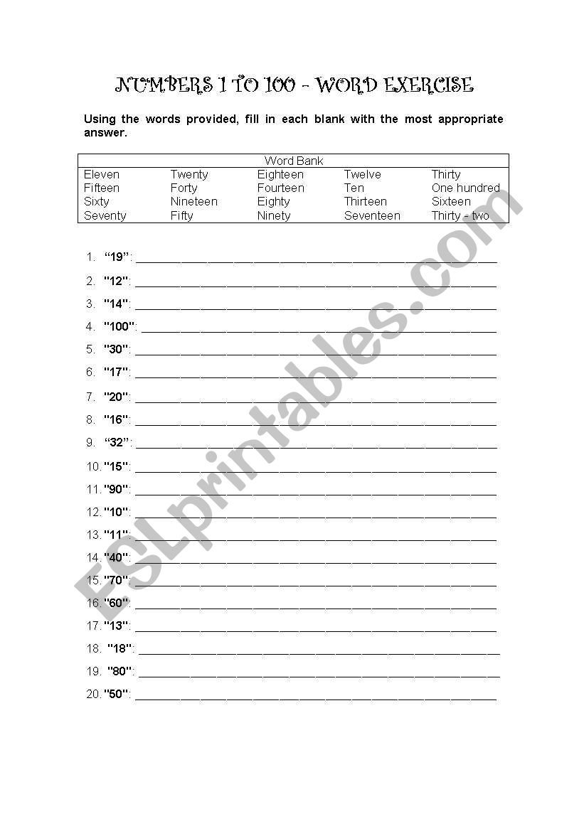 Numbers 1 to 100 worksheet