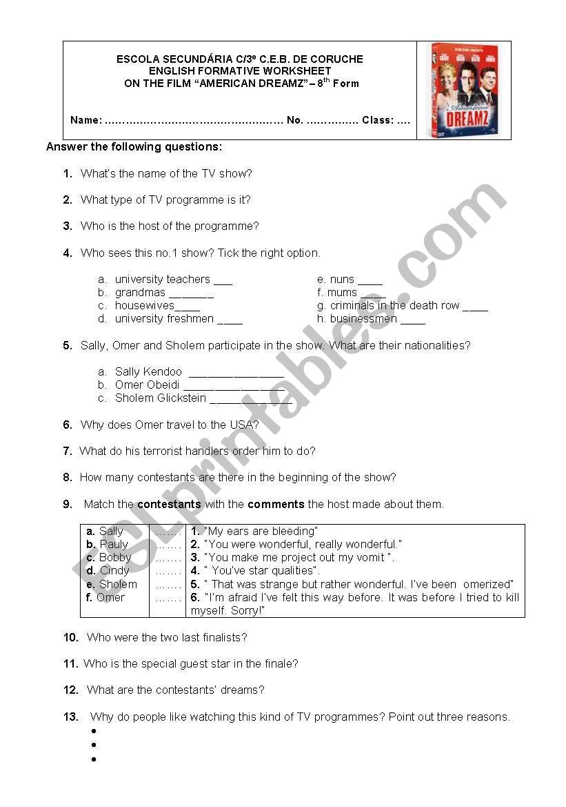 American Dreamz - the film worksheet