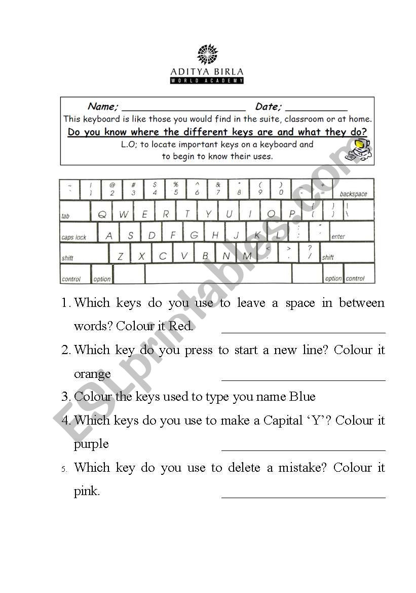 Know your KeyBoard worksheet