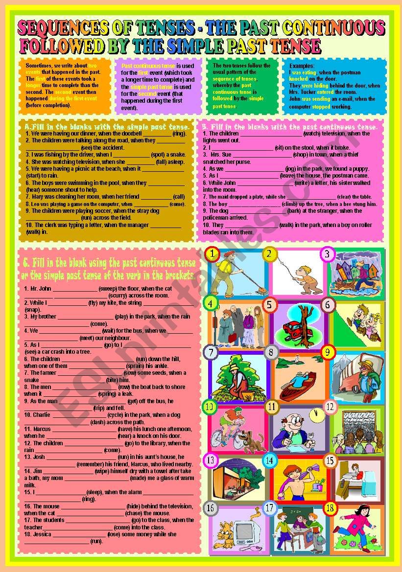 Sequences of tenses - The Past Continuous followed by The simple Past Tense + KEY