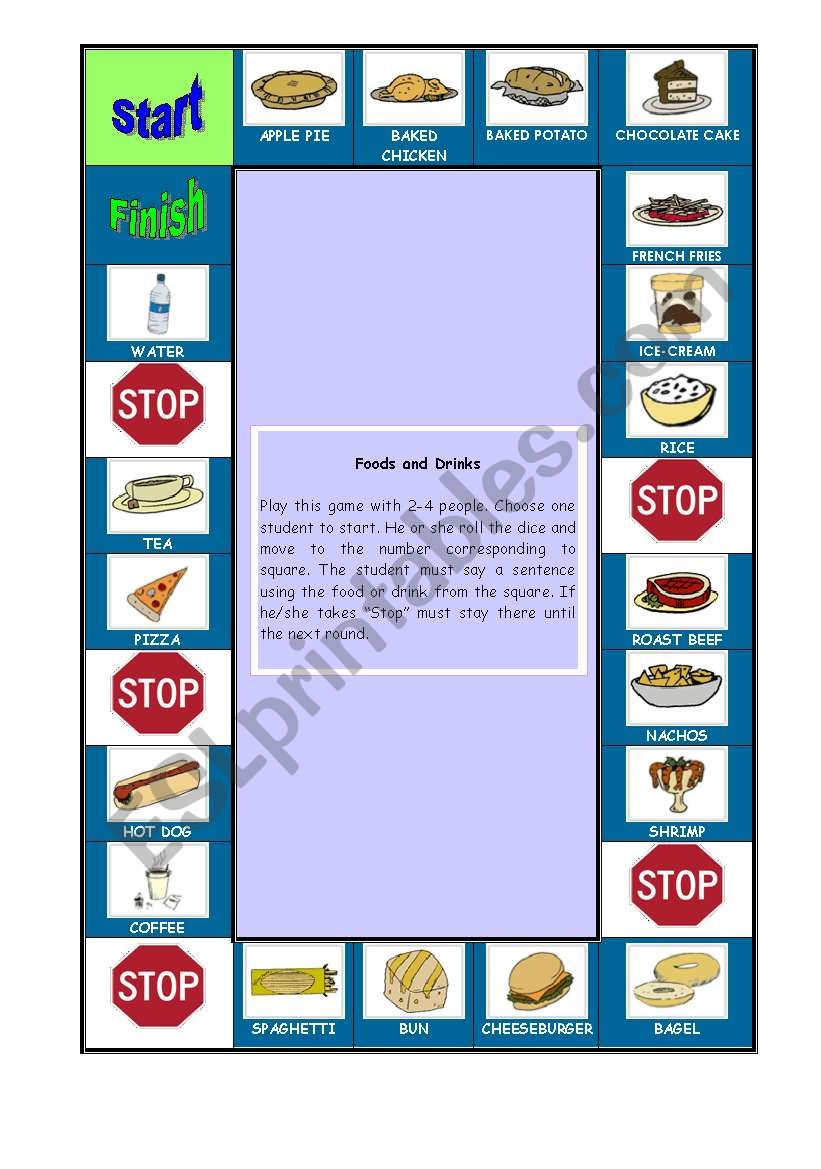Foods and drinks board game worksheet
