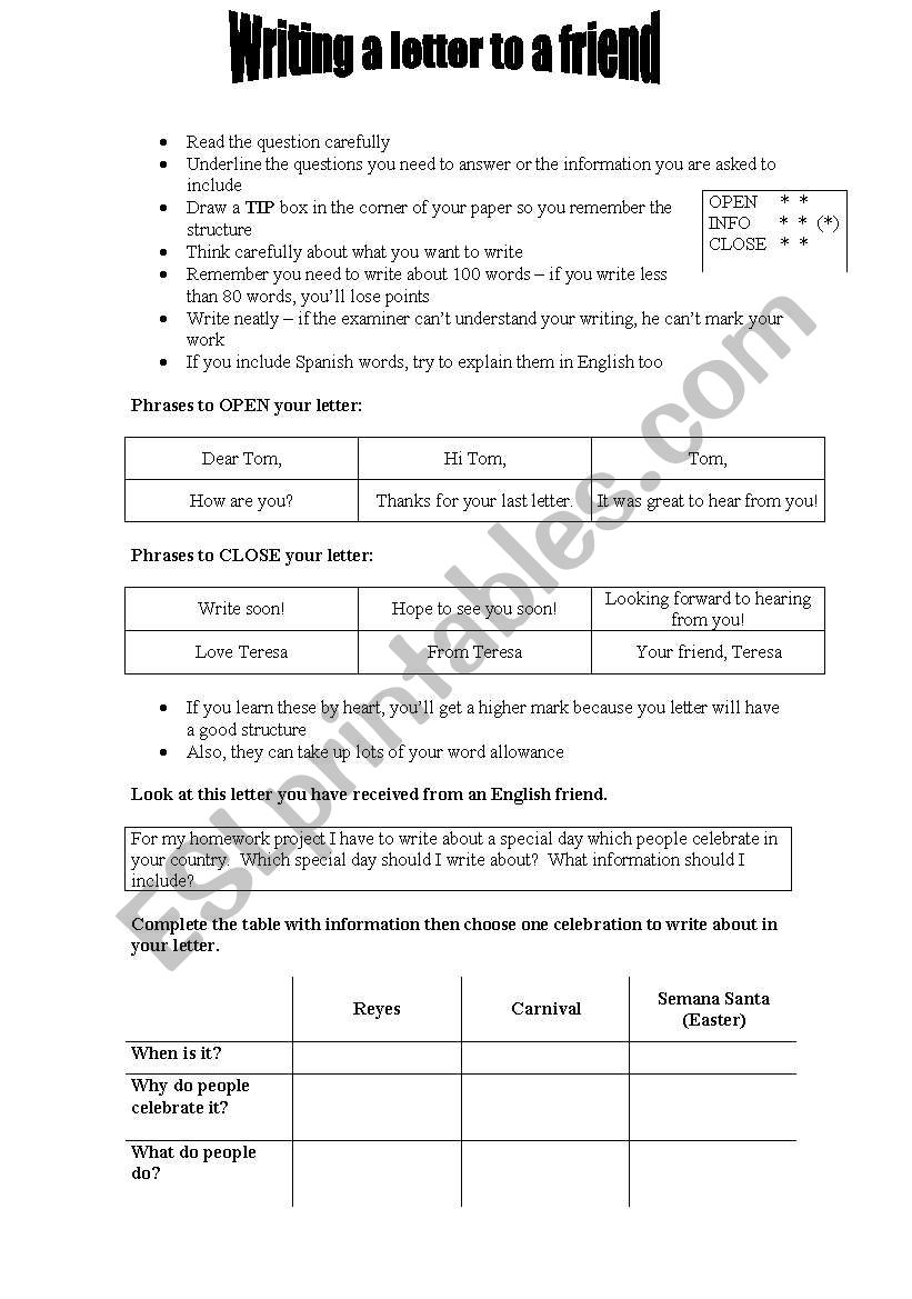 PET Letter Writing Tips worksheet