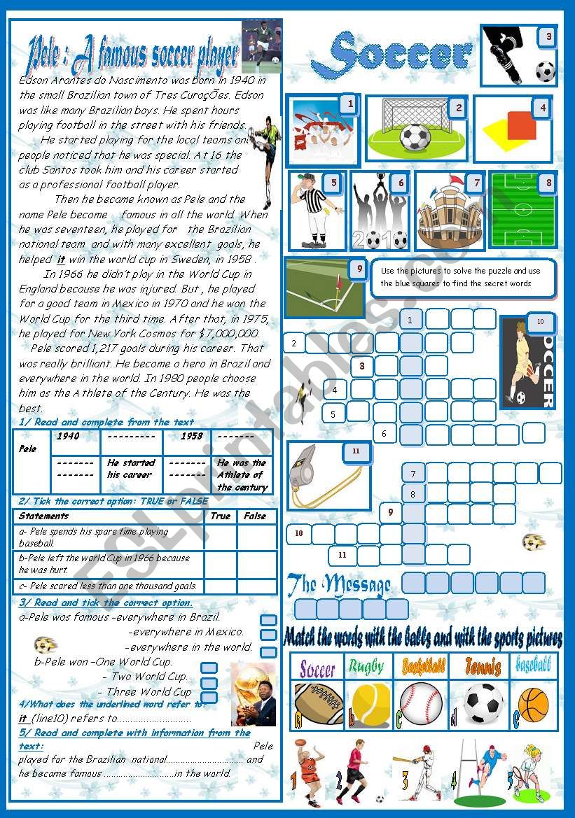 Soccer: Reading Comprehension+ A crossword Game+ A  matching Task (+Key)