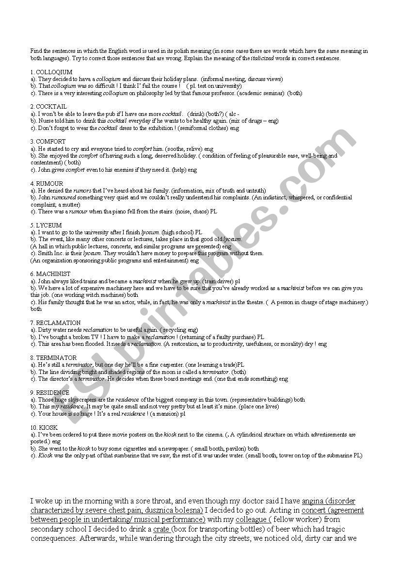 english false friends task worksheet