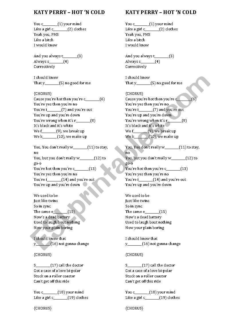 Katy Perry - Hot n Cold worksheet