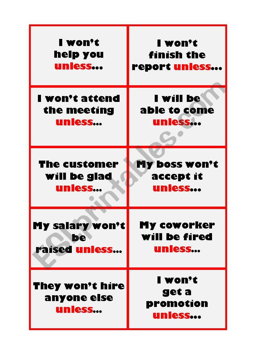 Unless Cards worksheet