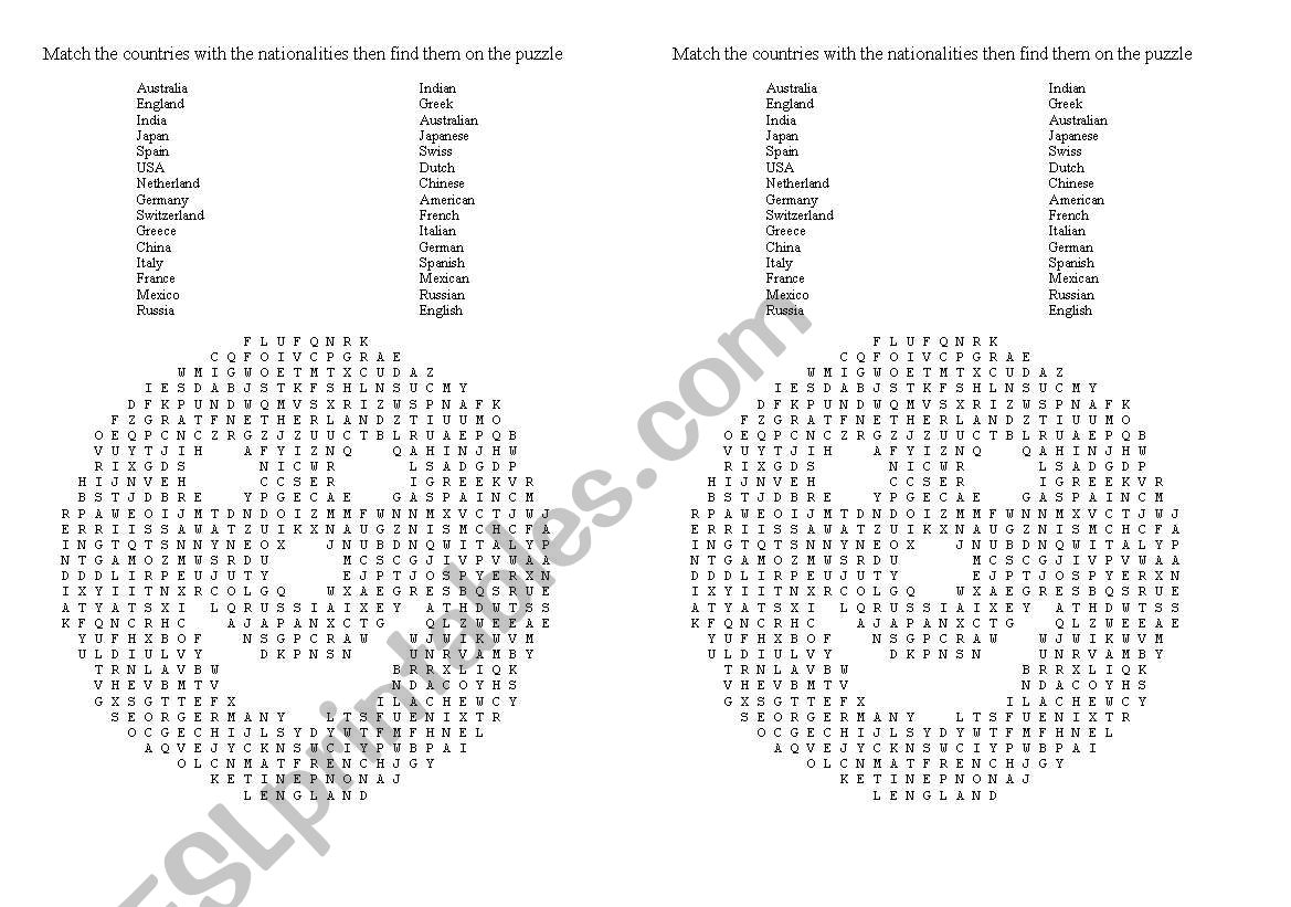 Countries and nationalities word search