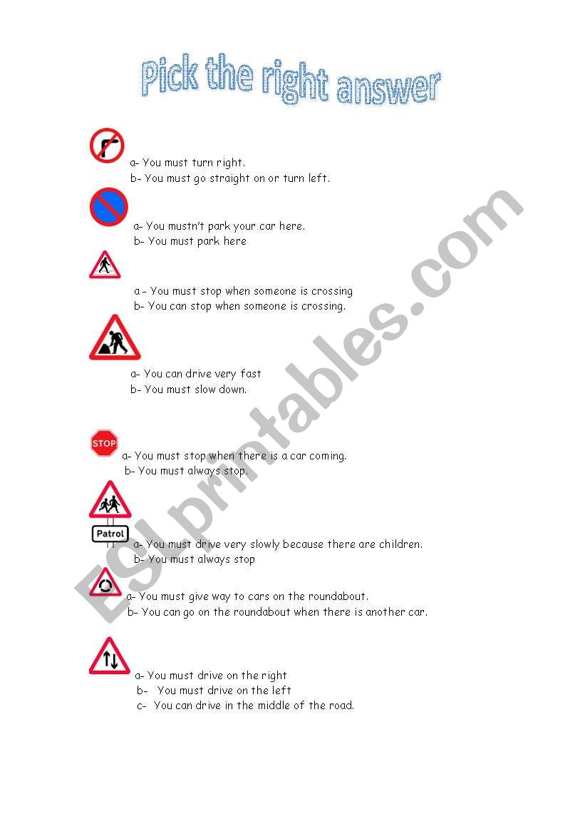 Highway code MUST worksheet